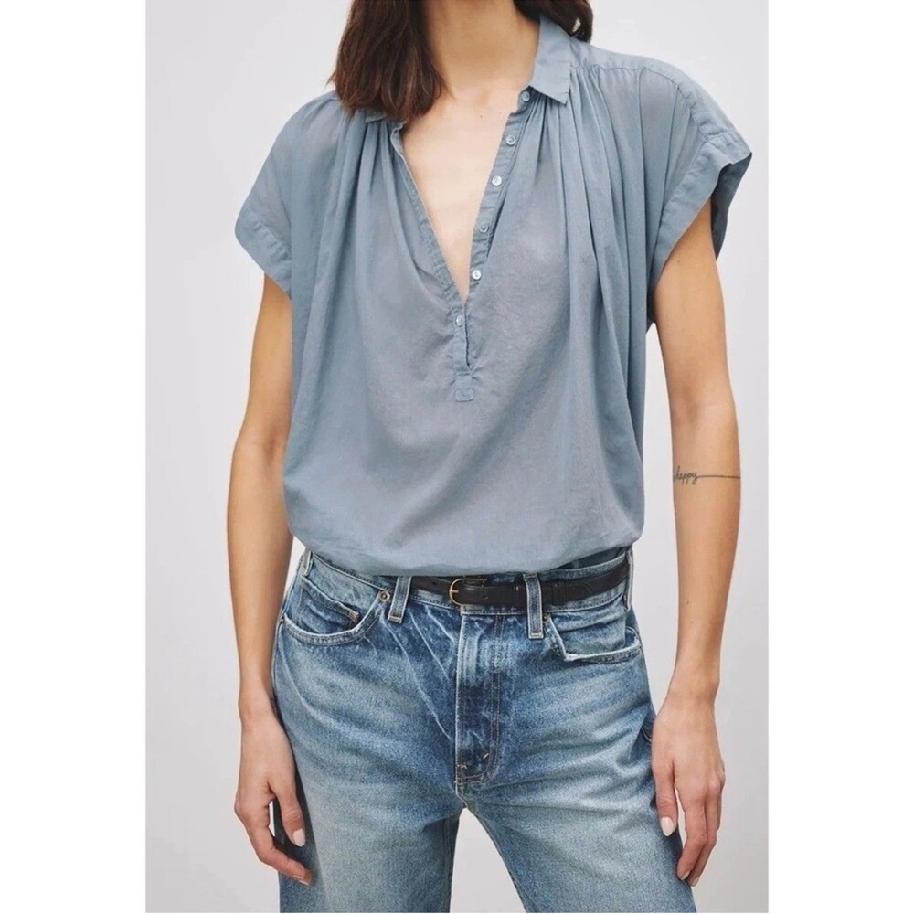 Nili Lotan Dusty Blue Cap-Sleeve Silk Blouse